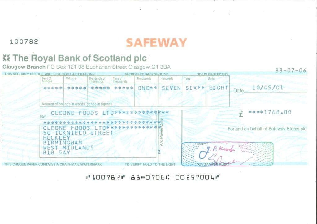 First Cheque from Safeway